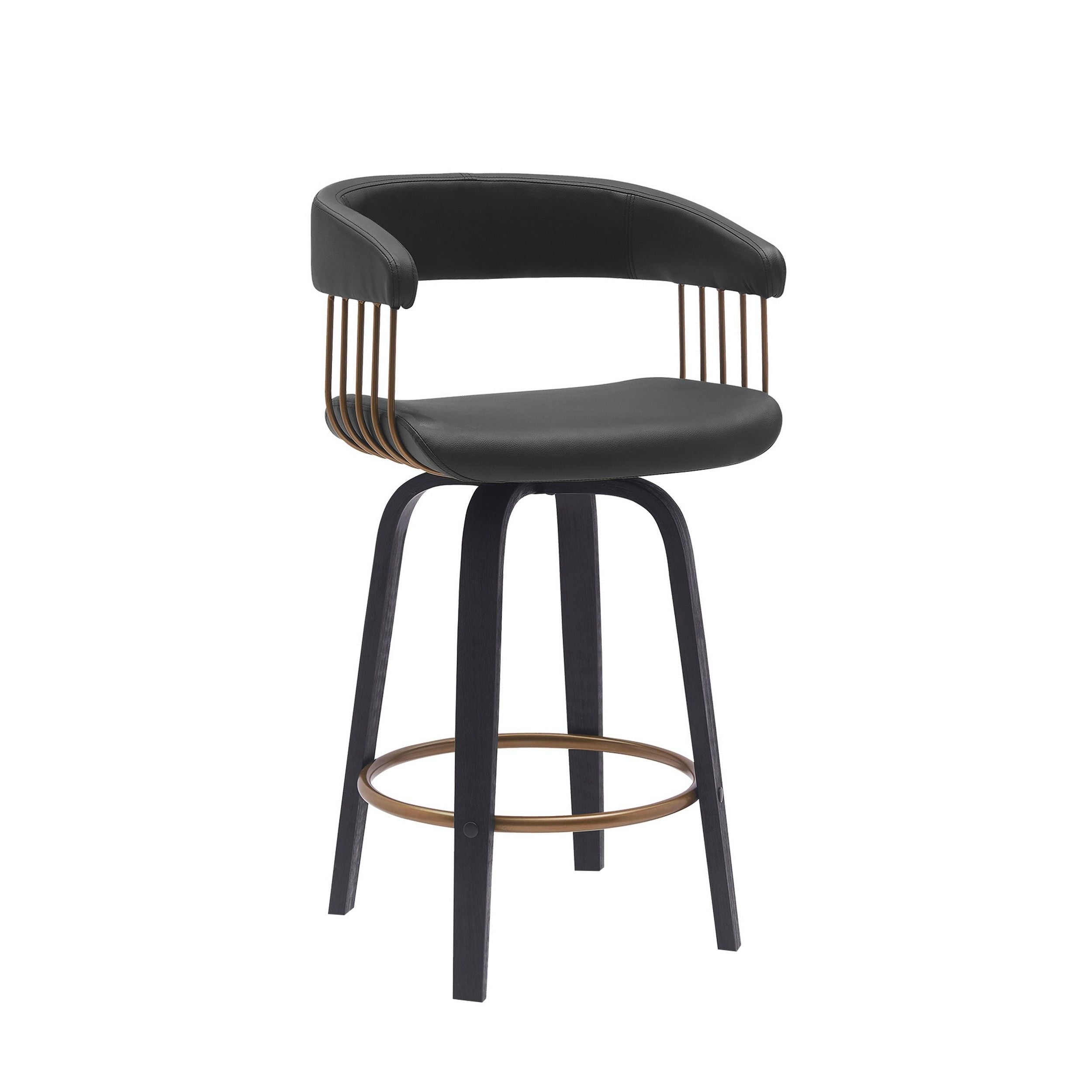 Maya 26 Inch Swivel Counter Chair, Black Faux Leather, Bronze Metal Slats