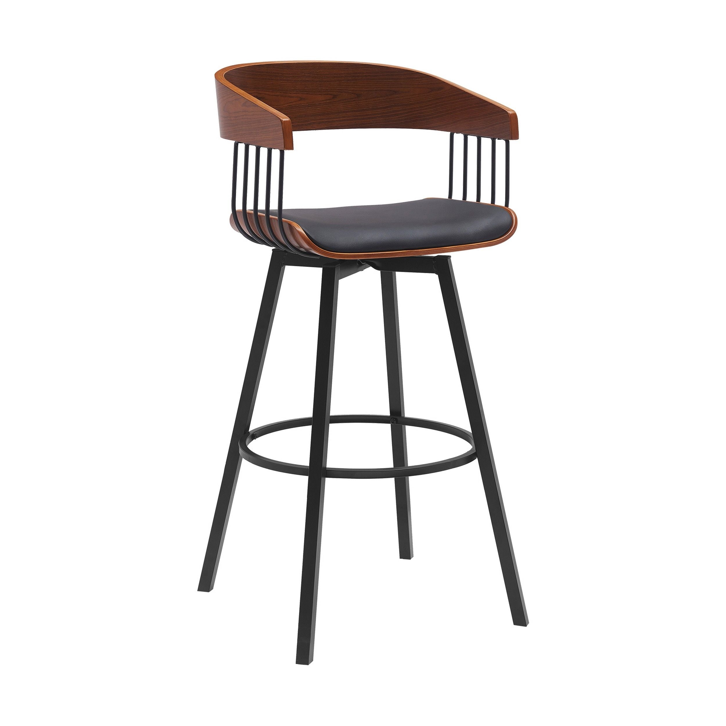 Vera 31 Inch Swivel Barstool Chair, Curved Open Back, Walnut Brown, Black