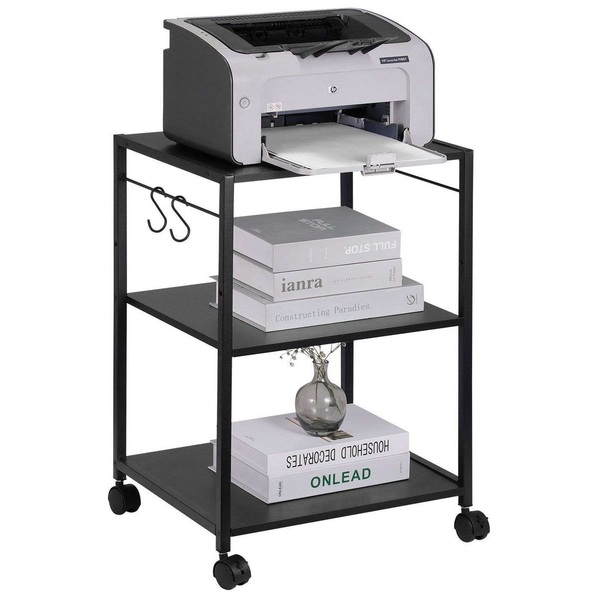 Vevor Printer Stand, Height Adjustable 3 Tier Printer Stand, Printer Cart With Storage Shelves And Hooks For Printer, Scanner, F