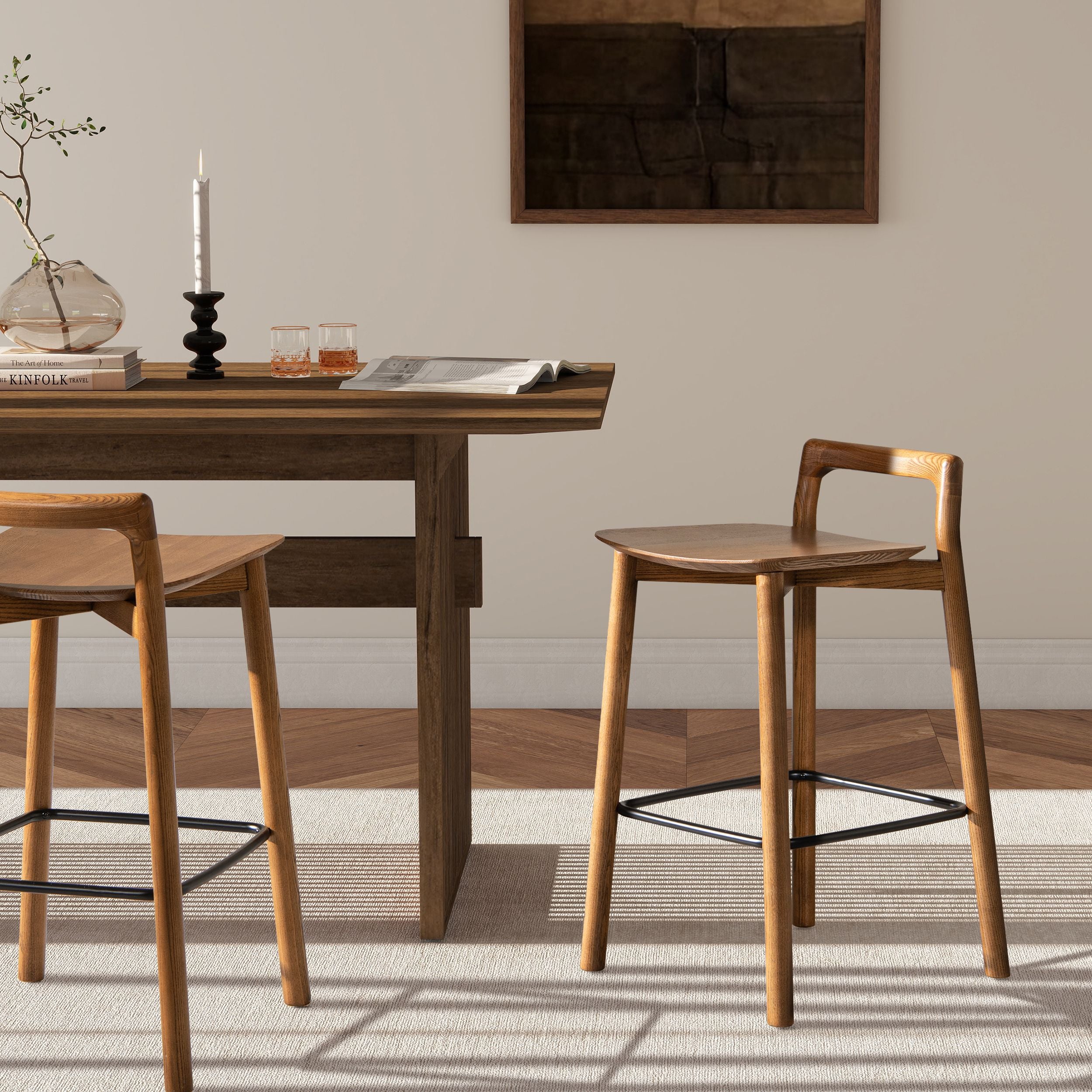 Sven 26.5 Modern Minimalist Low Back Wood Counter Stool, Dark Brown Walnut