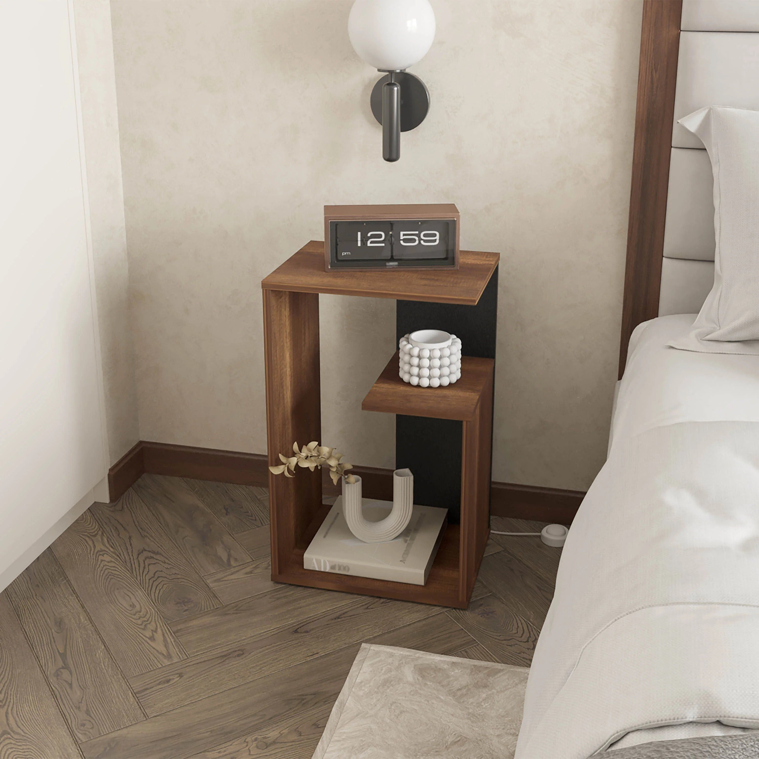 Walnut Black Nightstand with Open Storage