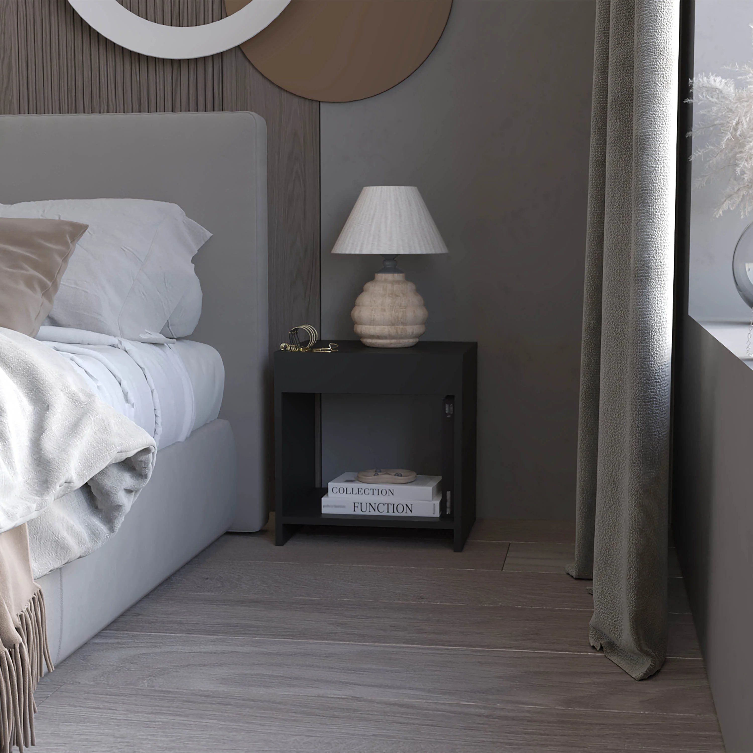 Black Nightstand with Open Storage