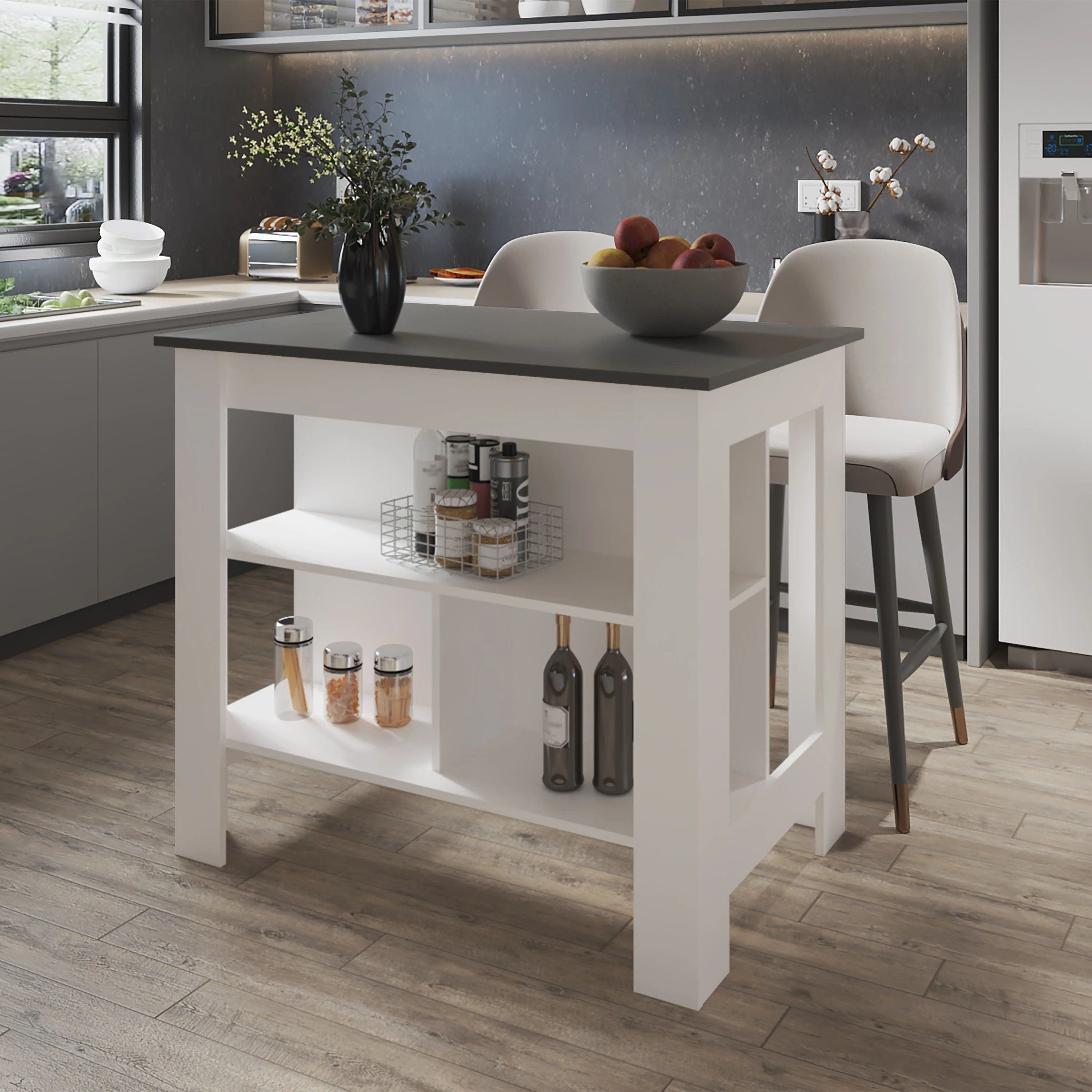 Gray and White Kitchen Island with Open Storage