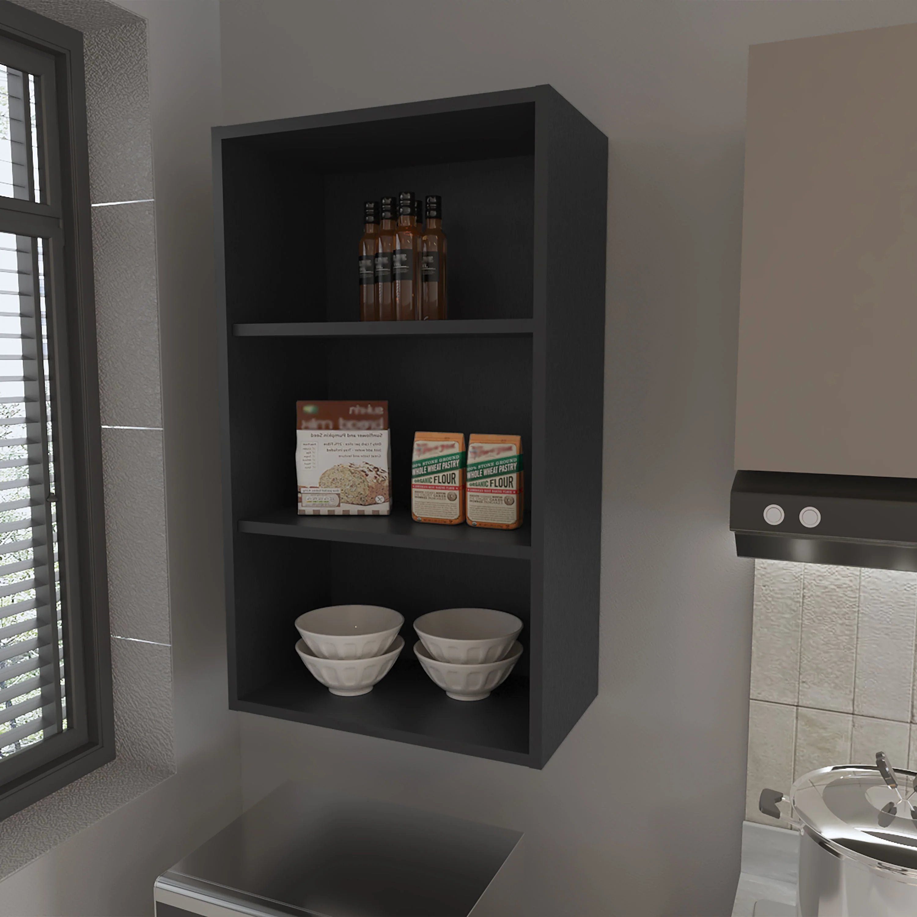 Black Wall Cabinet with Open Storage
