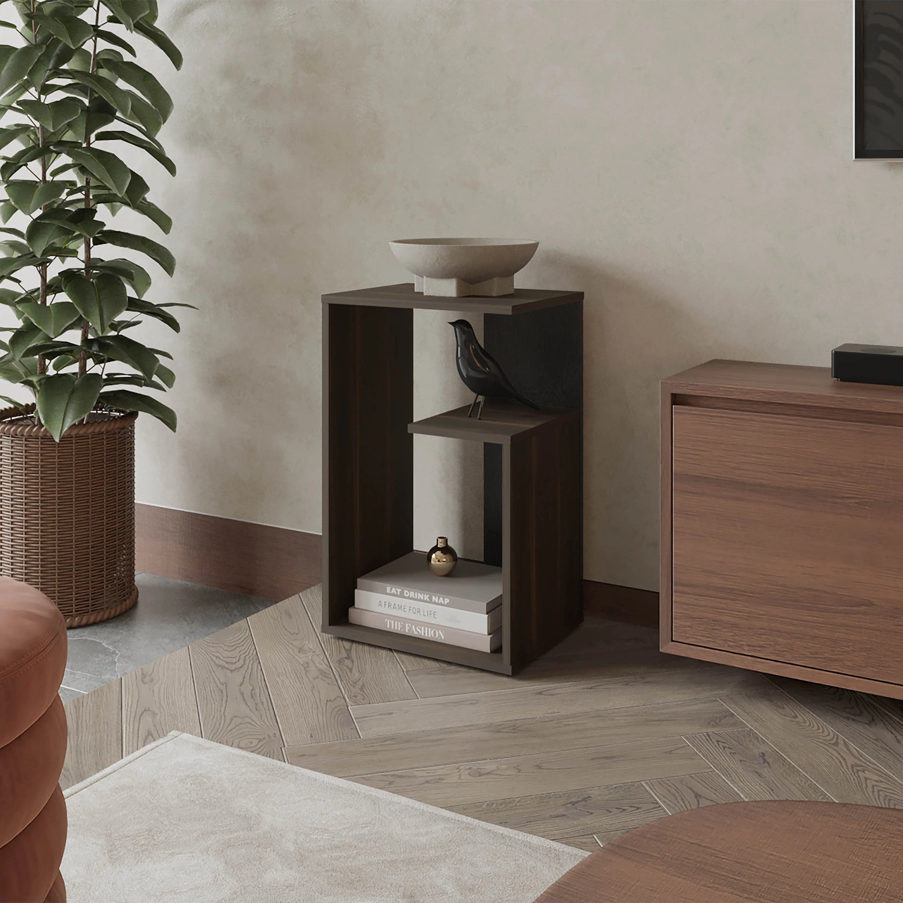 Camel Black Side Table with Open Storage