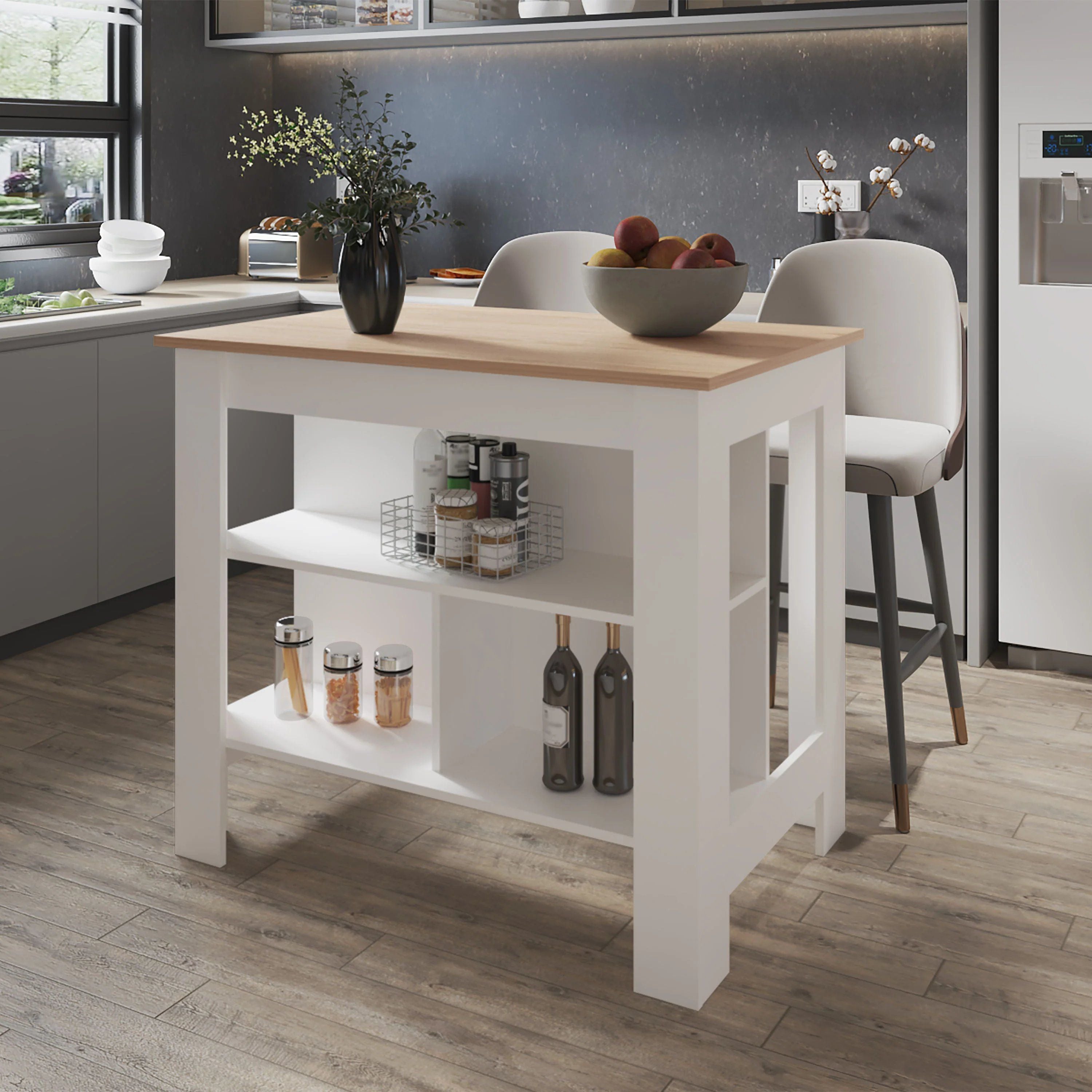 Light Pine and White Kitchen Island with Open Storage