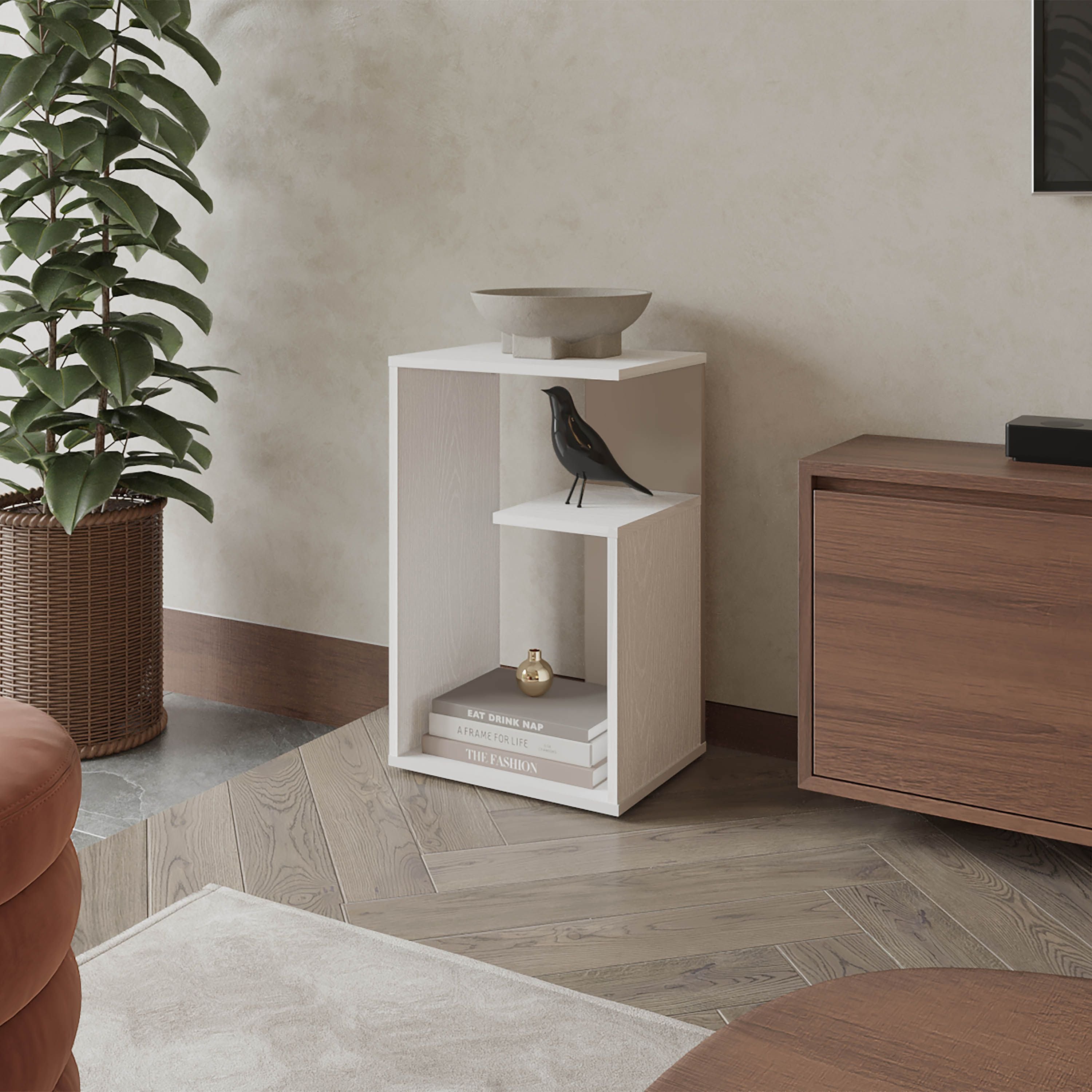 Vega Side Table in Melamine With Open Storage, White