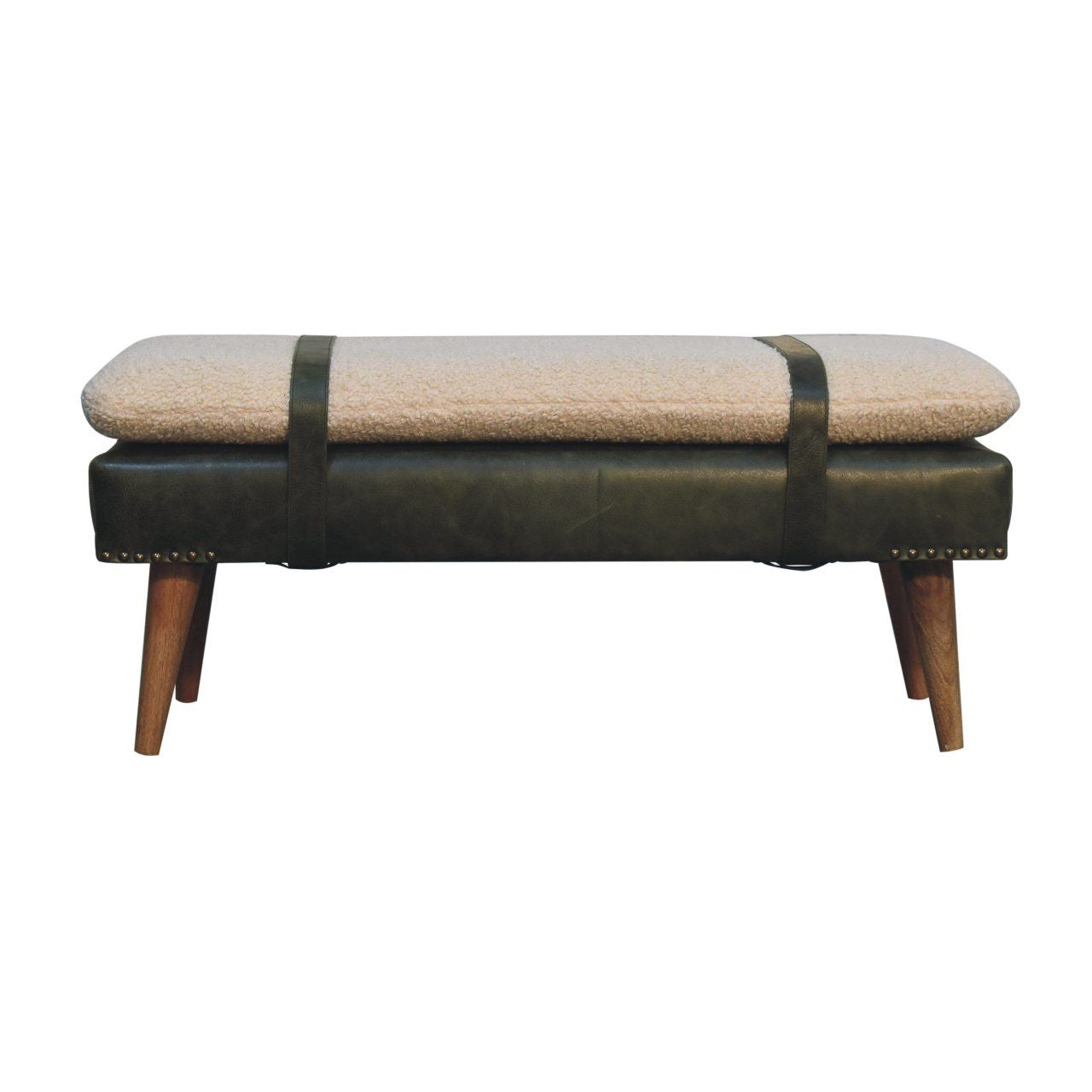 Boucl Buffalo Hide Olive Green Leather Bench