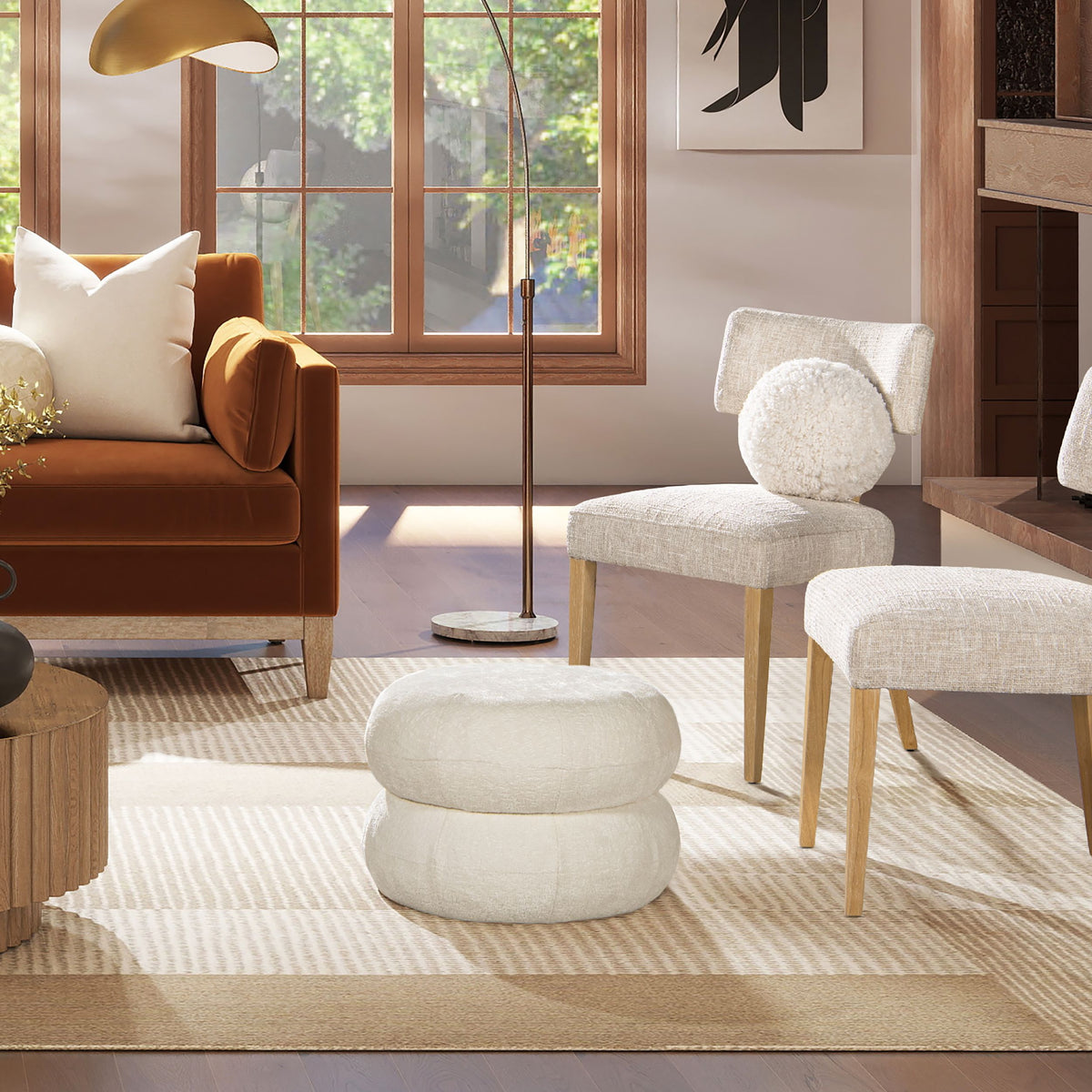 Nest 19.5 Low Round Upholstered Ottoman, Almond White Chenille
