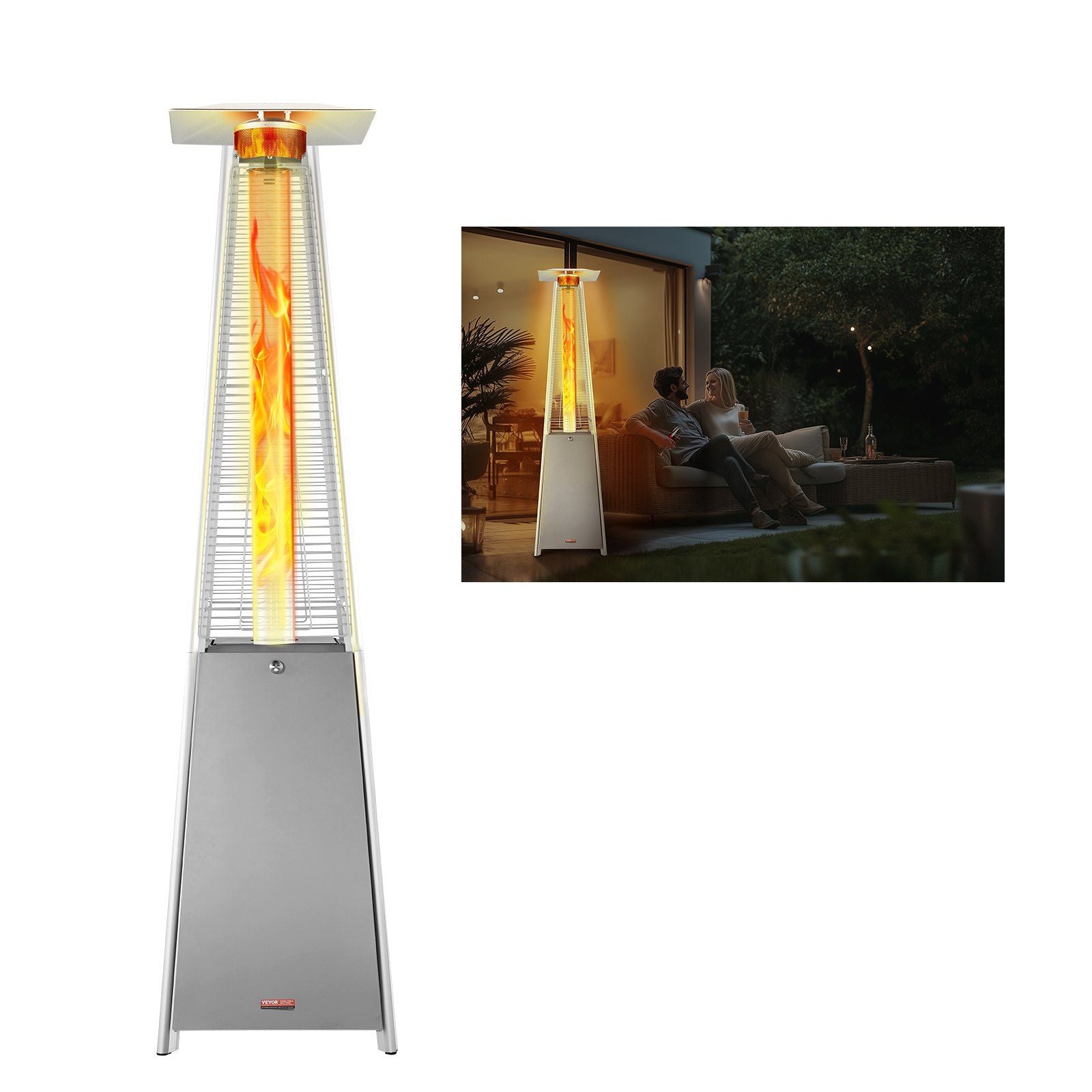 Vevor Propane Patio Heater 48000Btu Pyramid W/Wheels For Outdoor Patio Silver