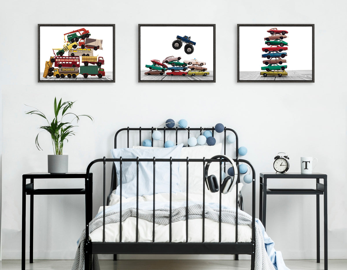 Sylvie Vintage Stacked Matchbox Work Vehicles Pile Framed Canvas by Saint and Sailor Studios