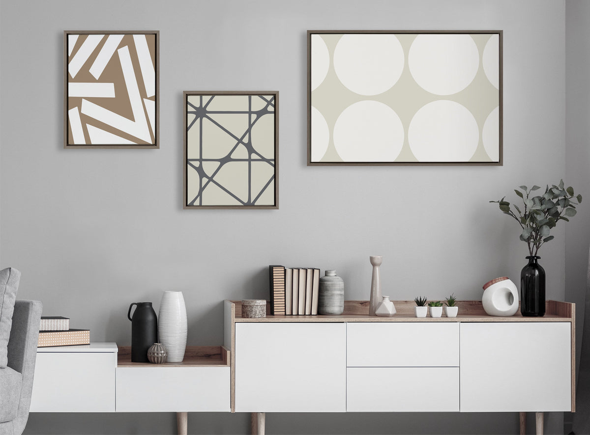 Sylvie Elevated Modern Neutral Dots, Neutral Pattern No 2 and Neutral Stained Glass Framed Canvas by The Creative Bunch Studio
