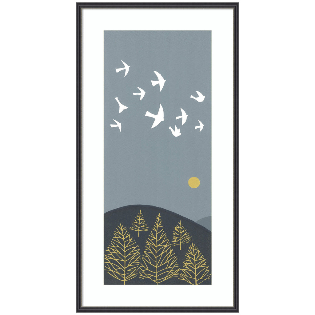 Framed Art Hilltop Flight Linocut Bird by Giuliana Lazzerini