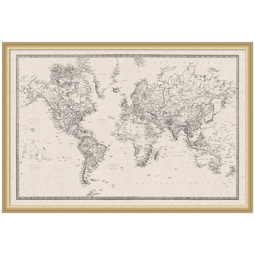 Framed Fabric Pinboard Vintage Black and White Linen World Map Wall Organization