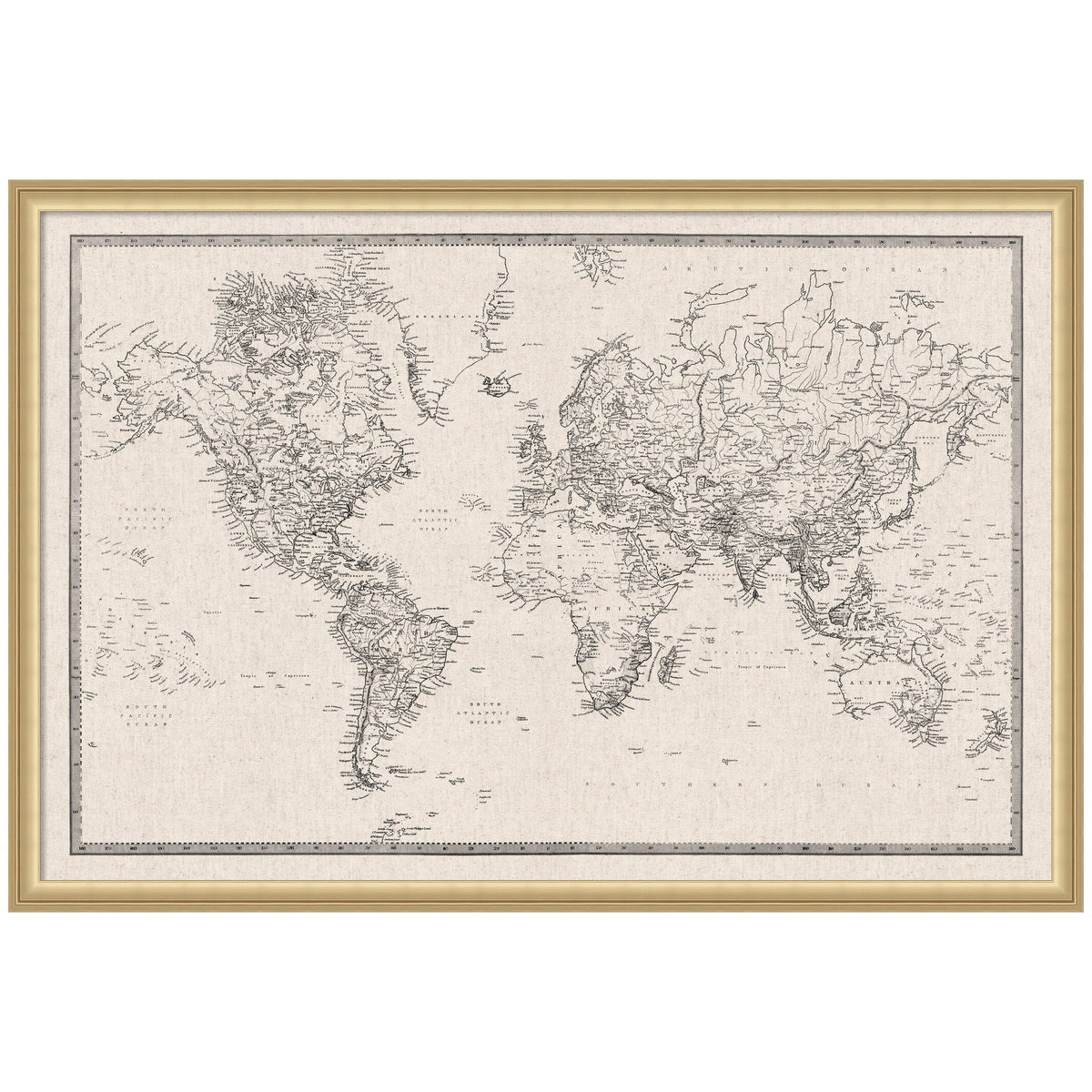 Framed Fabric Pinboard Vintage Black and White Linen World Map Wall Organization