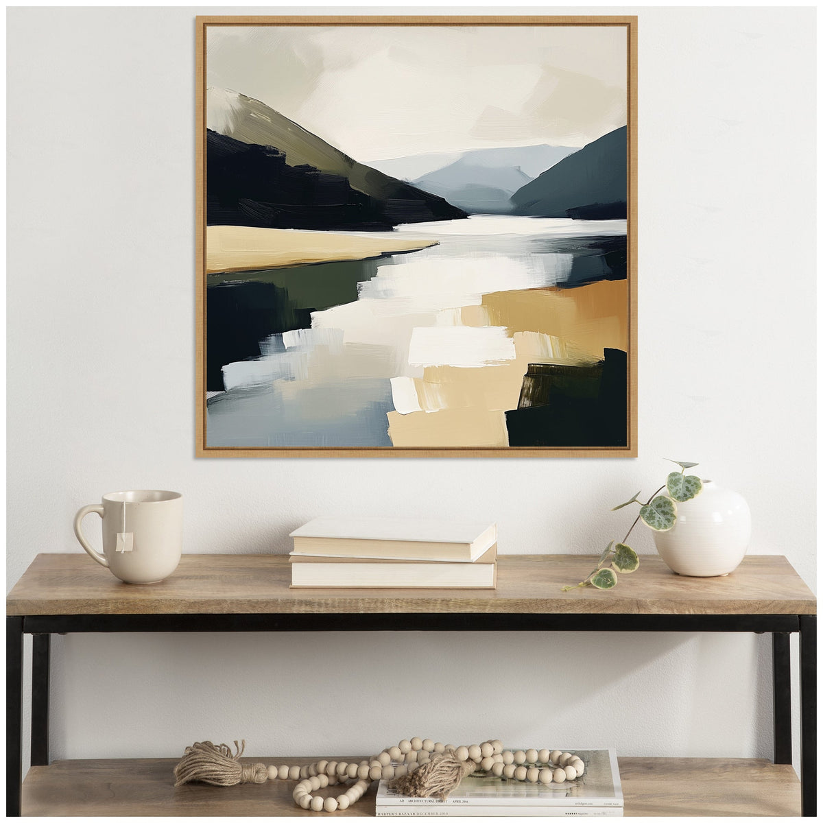 Sylvie Mountain Lake Modern Abstract Landscape Framed Canvas by The Creative Bunch Studio