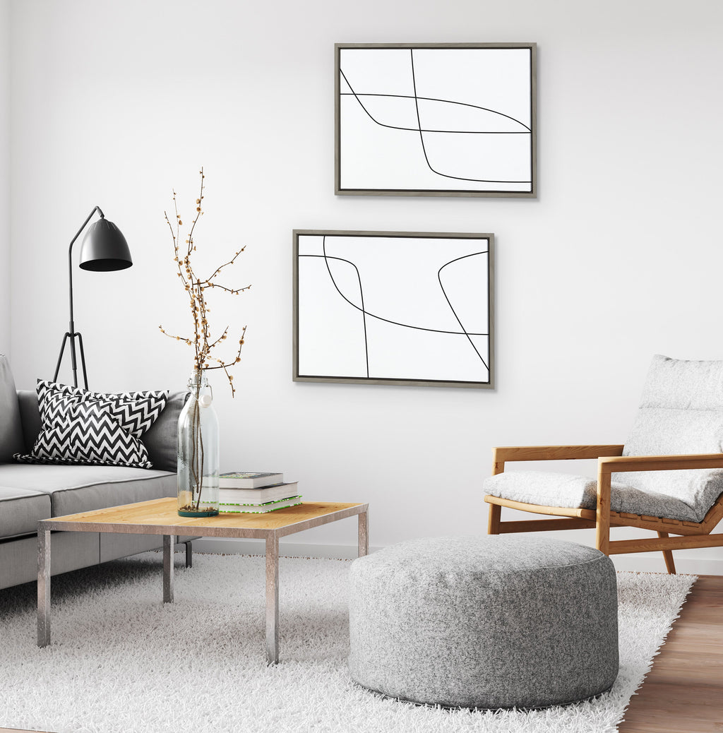 Sylvie Modern Line Abstract 3 and 4 Black and White Framed Canvas by The Creative Bunch Studio