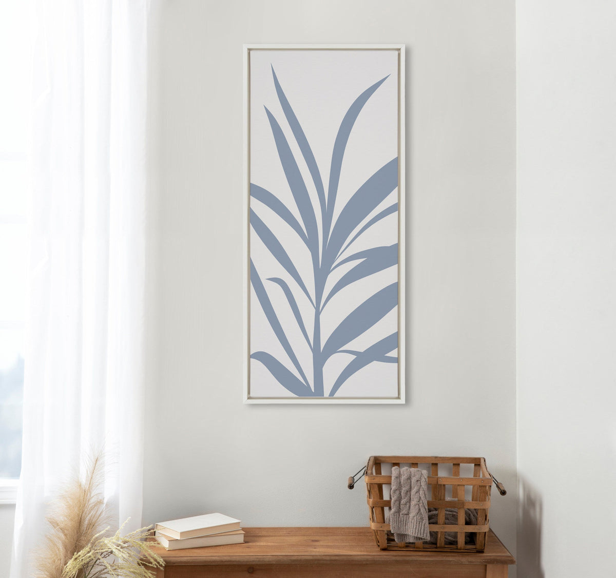 Sylvie Mid Century Retro Jungle Botanical Light Blue Framed Canvas by The Creative Bunch Studio