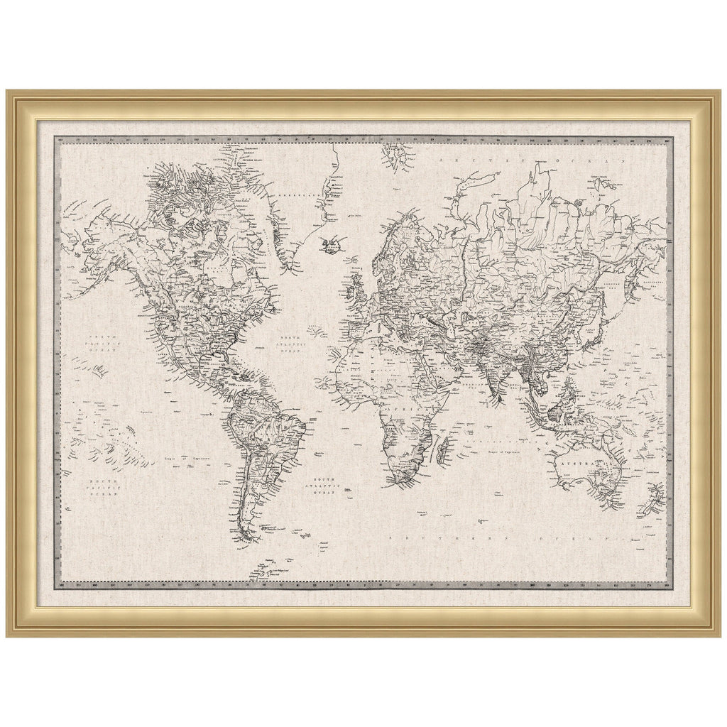 Framed Fabric Pinboard Vintage Black and White Linen World Map Wall Organization
