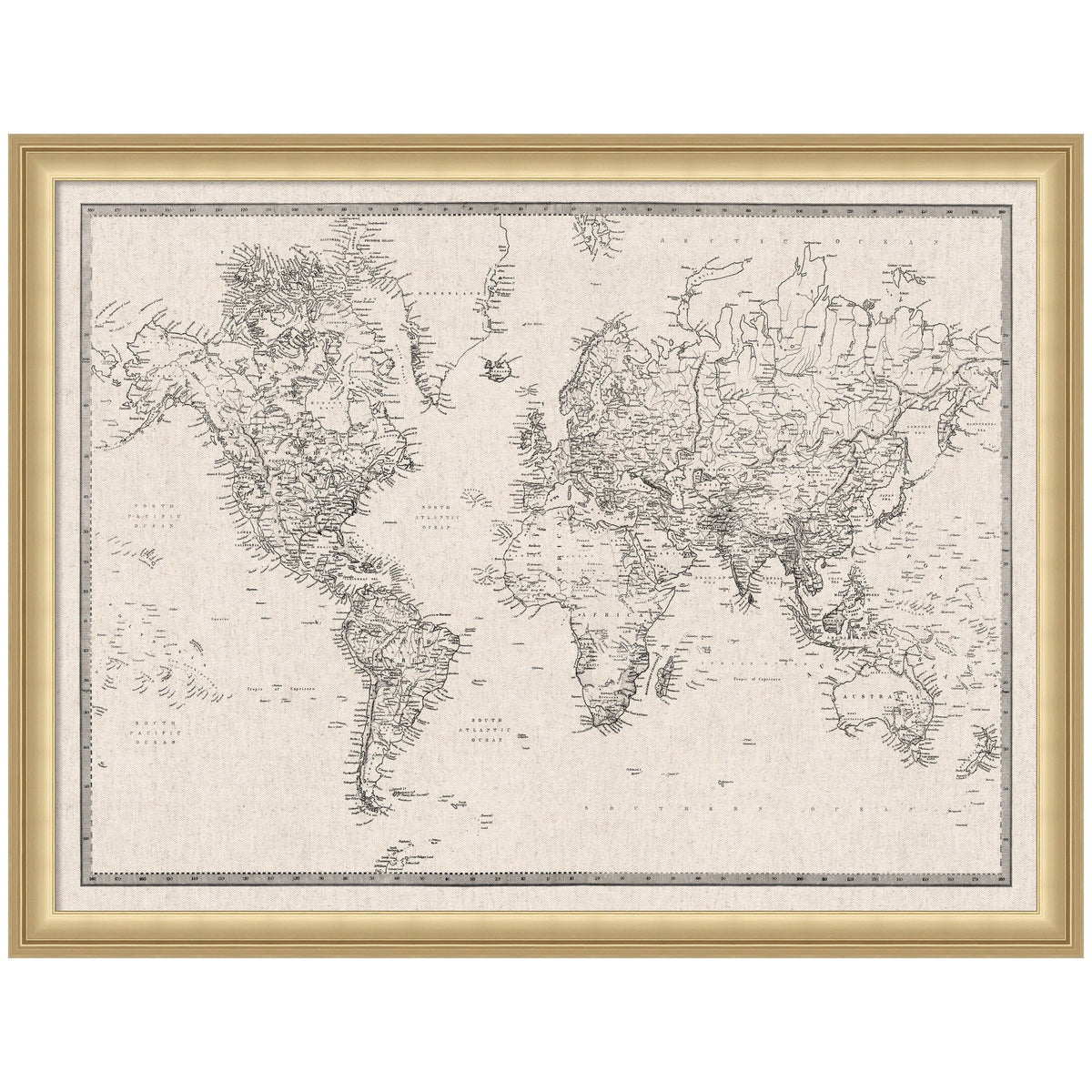 Framed Fabric Pinboard Vintage Black and White Linen World Map Wall Organization