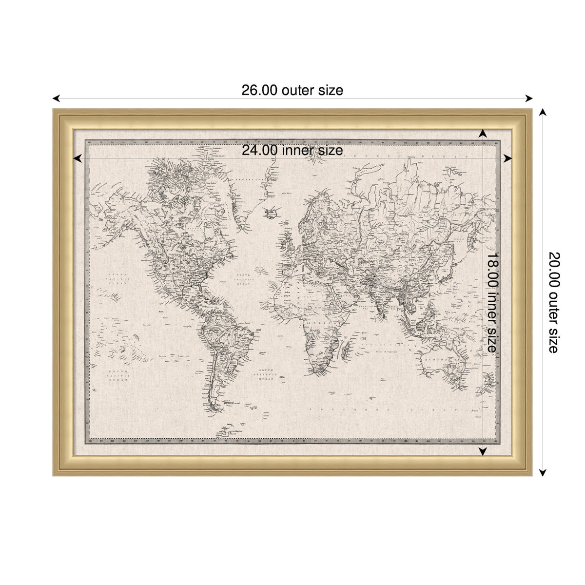 Framed Fabric Pinboard Vintage Black and White Linen World Map Wall Organization