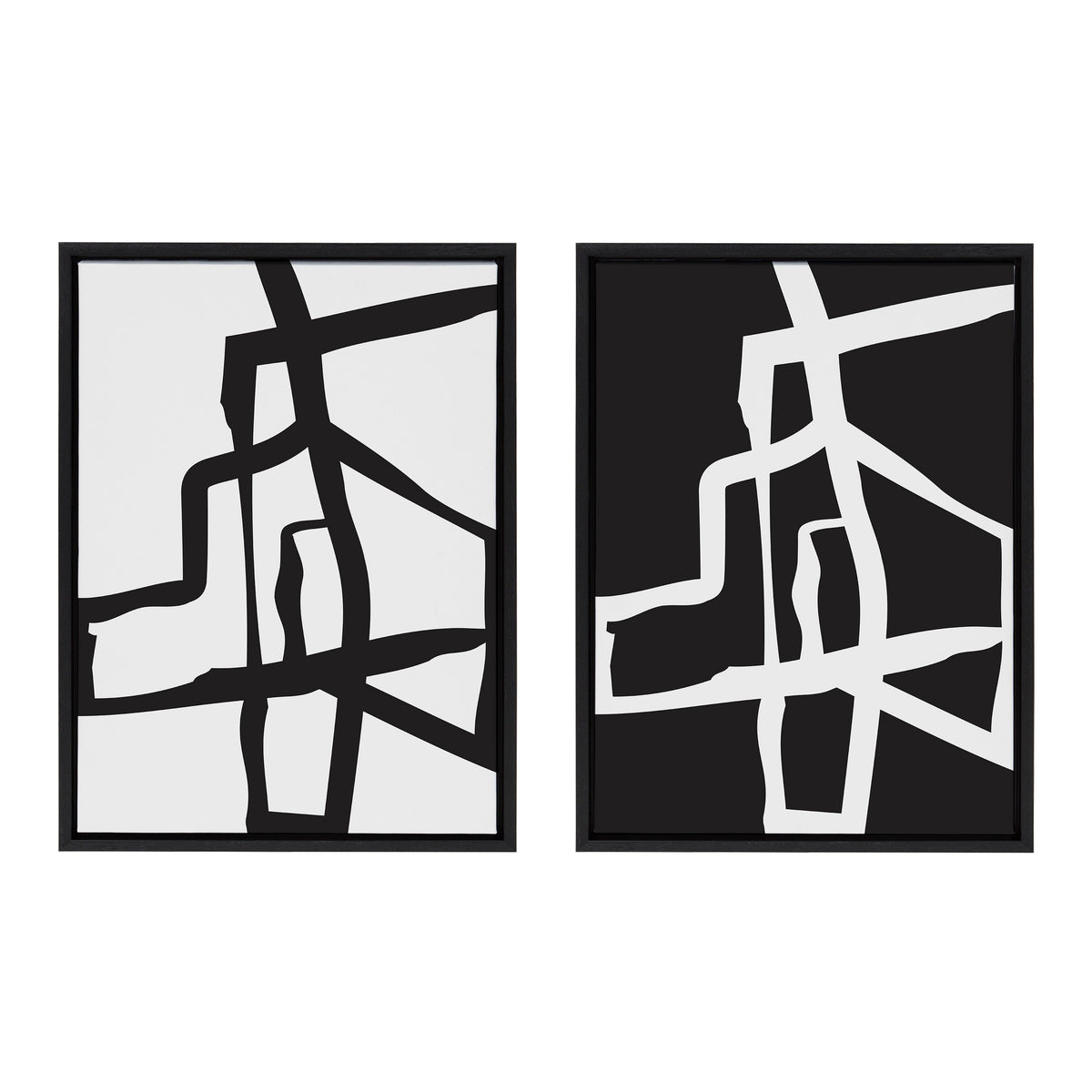 Sylvie Bold Sophisticated Abstract Black and White Stroke Framed Canvas Art Set by The Creative Bunch Studio