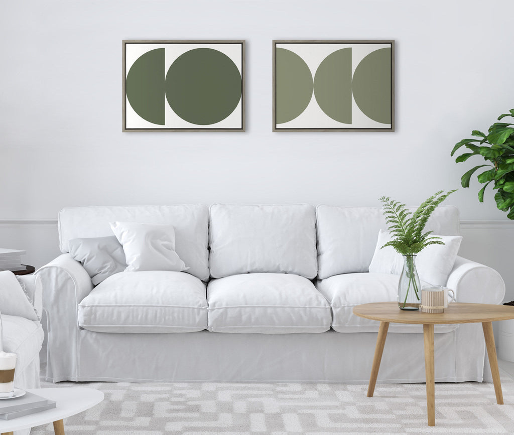 Sylvie Earthy Boho Geometric 1 Olive Green and Earthy Boho Geometric 2 Sage Green Framed Canvas by The Creative Bunch Studio