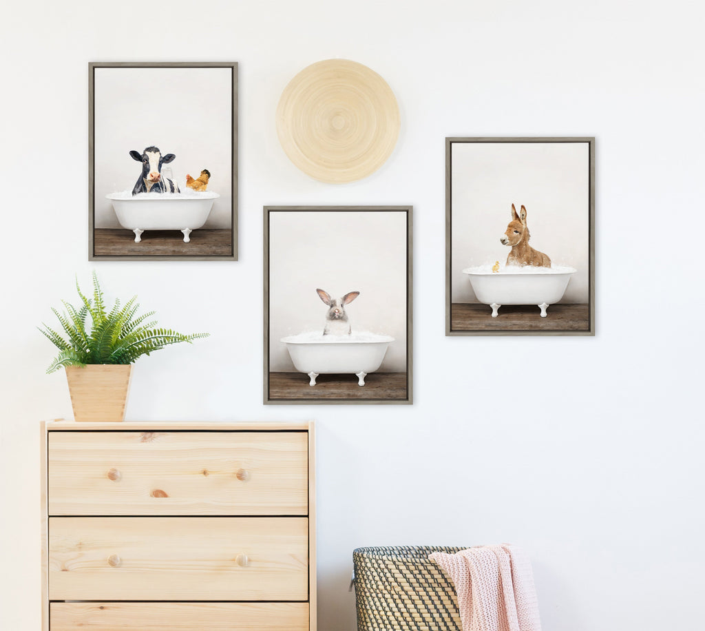 Sylvie Cow and Chicken in Rustic Bath Framed Canvas by Amy Peterson Art Studio