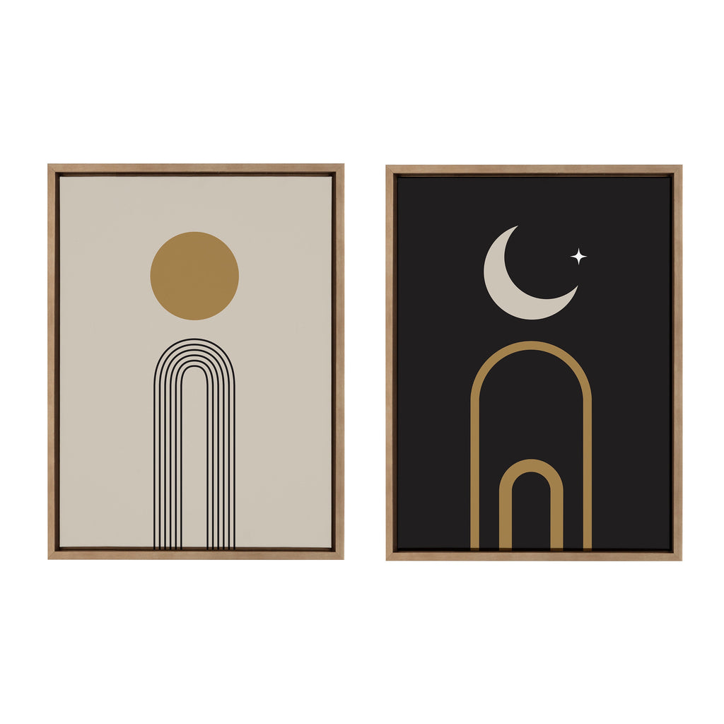 Sylvie Boho Minimalist Sunrise Rainbow and Boho Minimalist Moon Arches Framed Canvas Art Set by The Creative Bunch Studio