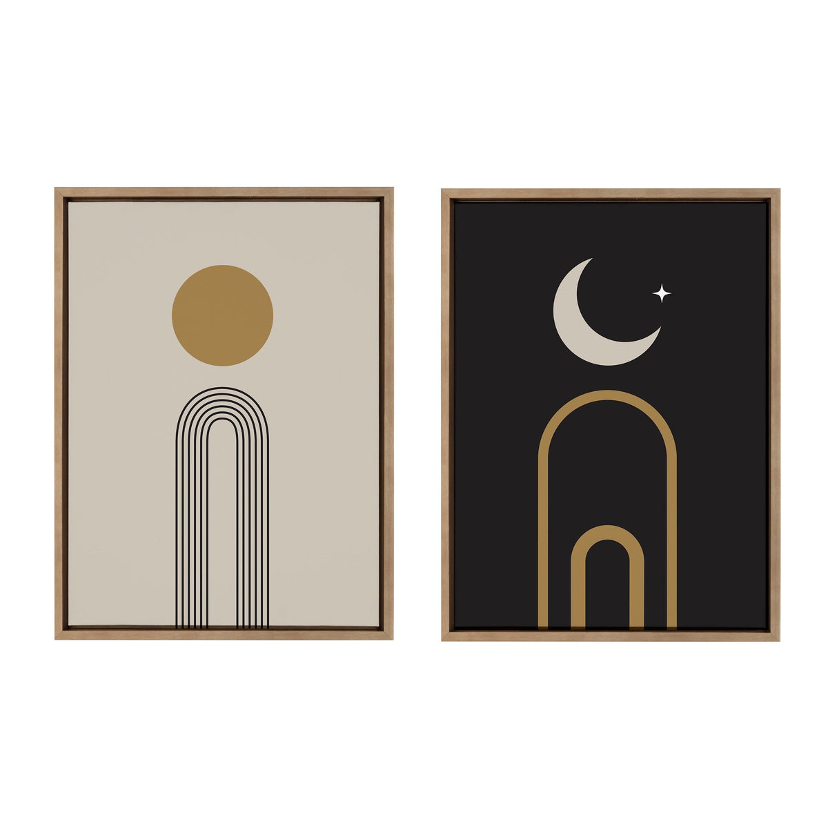 Sylvie Boho Minimalist Sunrise Rainbow and Boho Minimalist Moon Arches Framed Canvas Art Set by The Creative Bunch Studio
