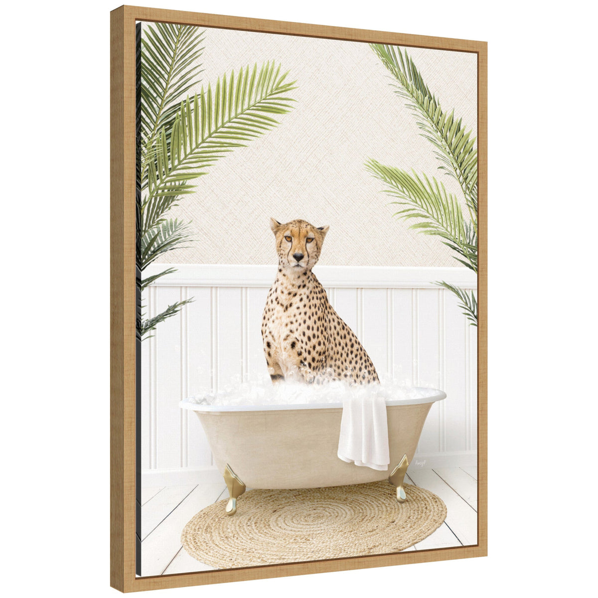 Sylvie Cheetah in Palms Bath Framed Canvas by Amy Peterson