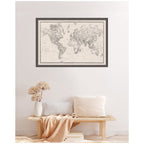 Framed Fabric Pinboard Vintage Black and White Linen World Map Wall Organization