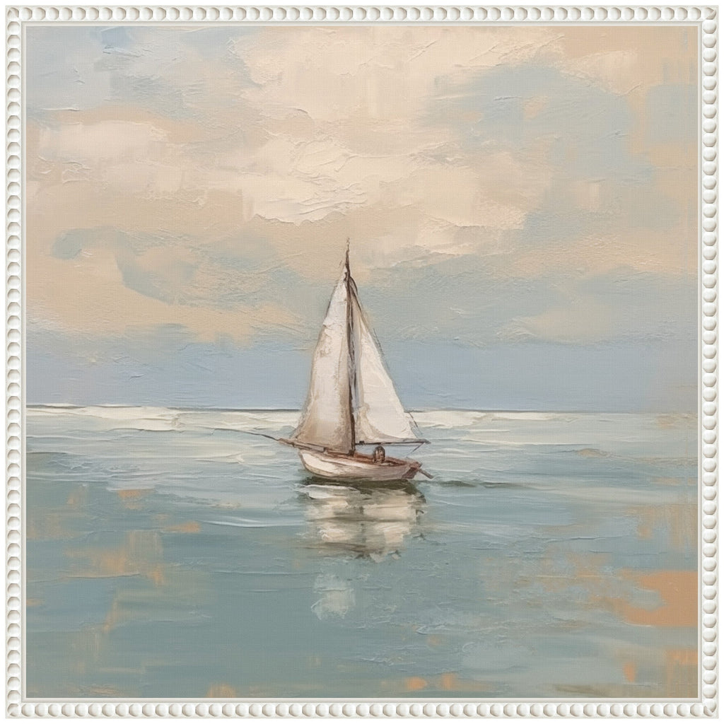 Sylvie Calm Pastel Sailboat Landscape Framed Canvas by The Creative Bunch Studio