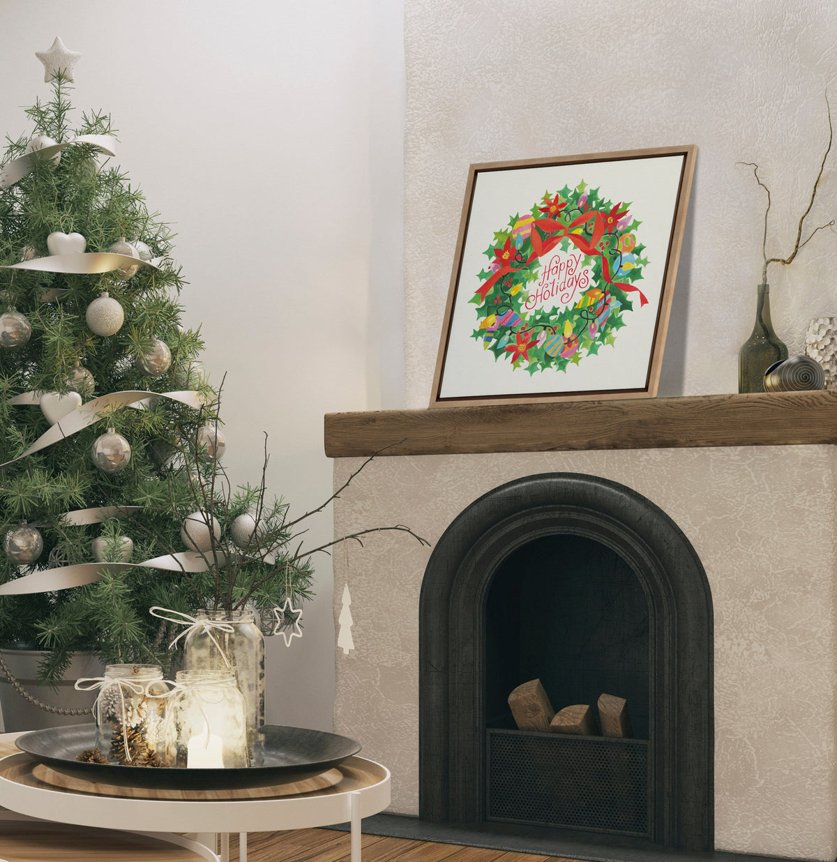 Sylvie Xmas Wreath Happy Holidays Framed Canvas by Shannon Snow