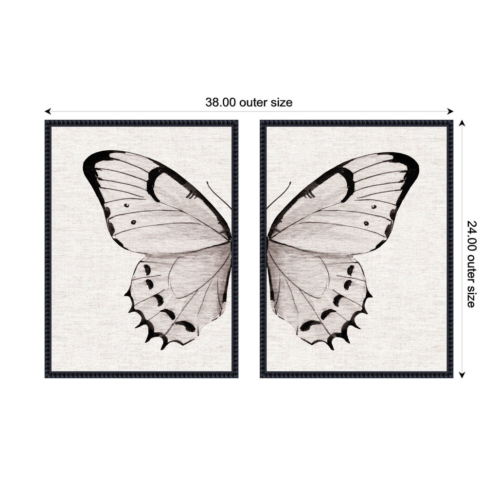 Sylvie Beaded Minimal Butterfly Watercolor Neutral Linen - 2 Piece Framed Canvas Art Set by The Creative Bunch Studio