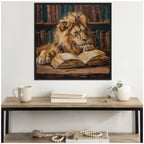 Sylvie Traditional Lion Reading in Library Framed Canvas by The Creative Bunch Studio