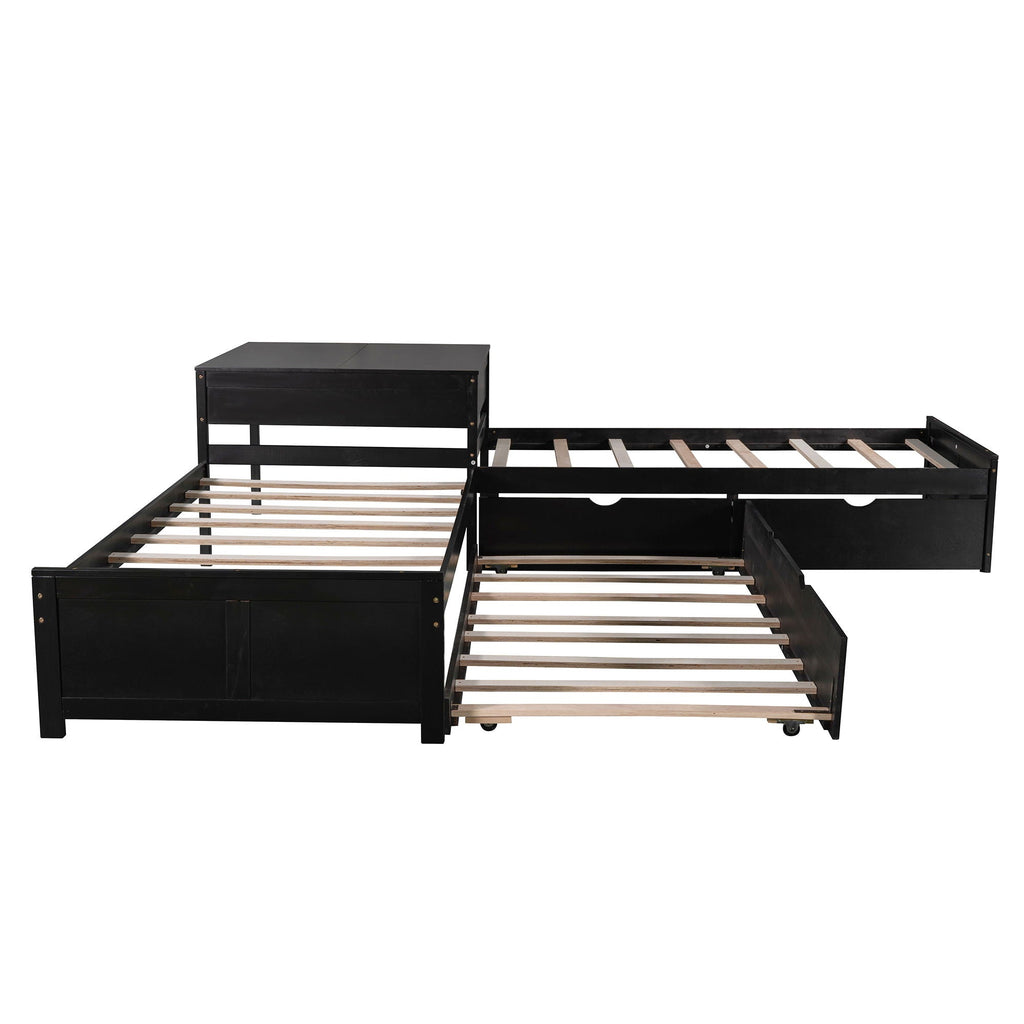 L Shaped Platform Bed With Trundle And Drawers Linked With Built In Desk