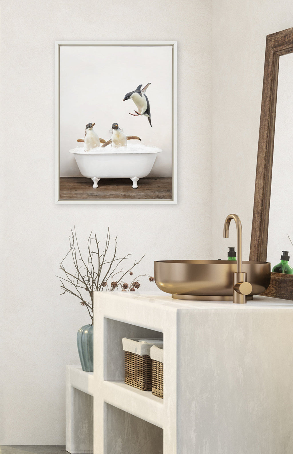Sylvie Penguins Playing in Rustic Bath Framed Canvas by Amy Peterson Art Studio