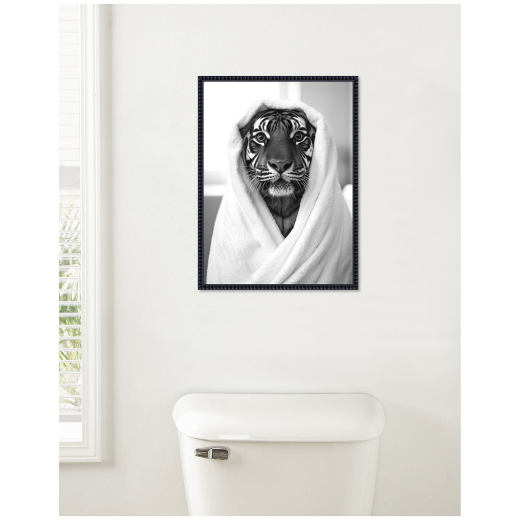 Sylvie Tiger Bathroom Art Towel Robe Black and White Framed Canvas by The Creative Bunch Studio