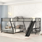 L-Shaped Twin Over Full Bunk Bed With Twin Loft, Built In Desk And Slide - Black