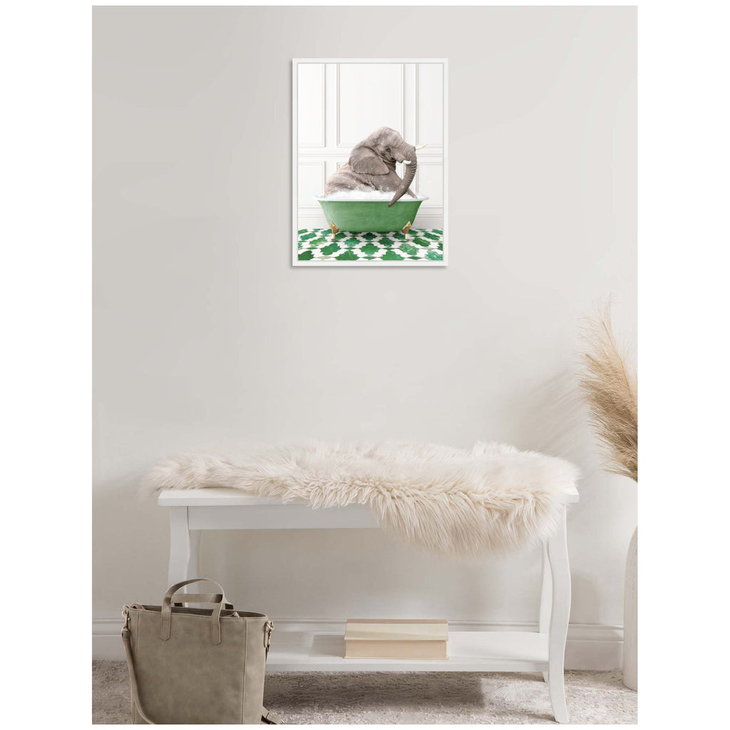 Sylvie Young Elephant in Eclectic Green Panel Wall Bathtub Framed Canvas by Amy Peterson