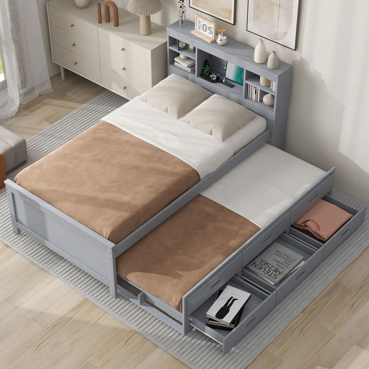 Platform Bed With Storage Headboard, USB, Trundle And 3 Drawers
