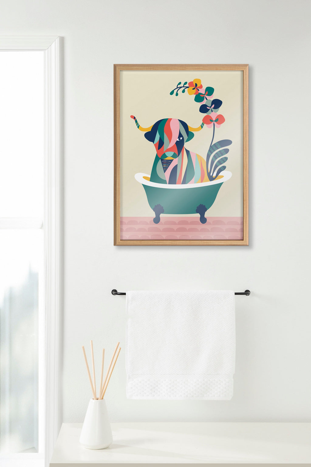 Blake Mid Century Modern Cow in Bathtub Framed Printed Glass by Rachel Lee of My Dream Wall