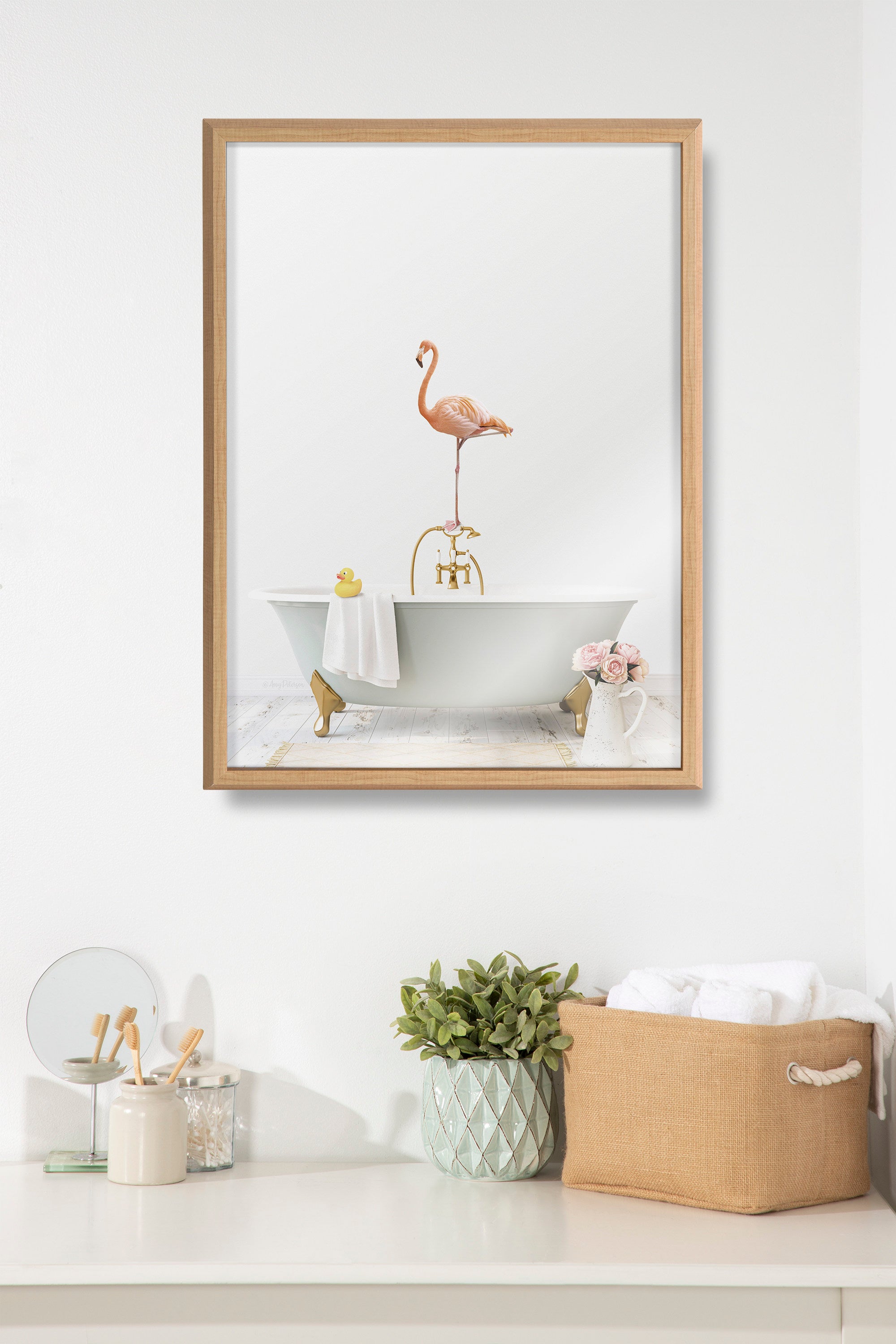 Blake Flamingo Cottage Bathroom Framed Printed Glass by Amy Peterson Art Studio