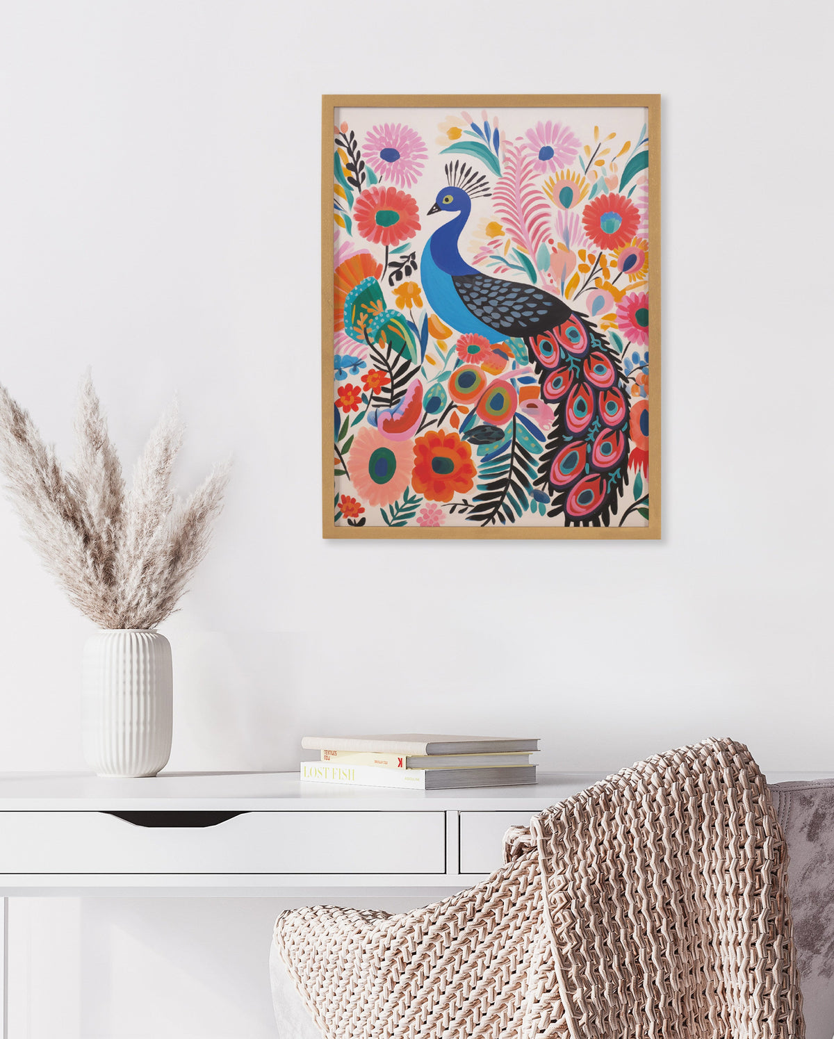 Gallery Bright Colorful Boho Peacock and Botanicals Print by The Creative Bunch Studio