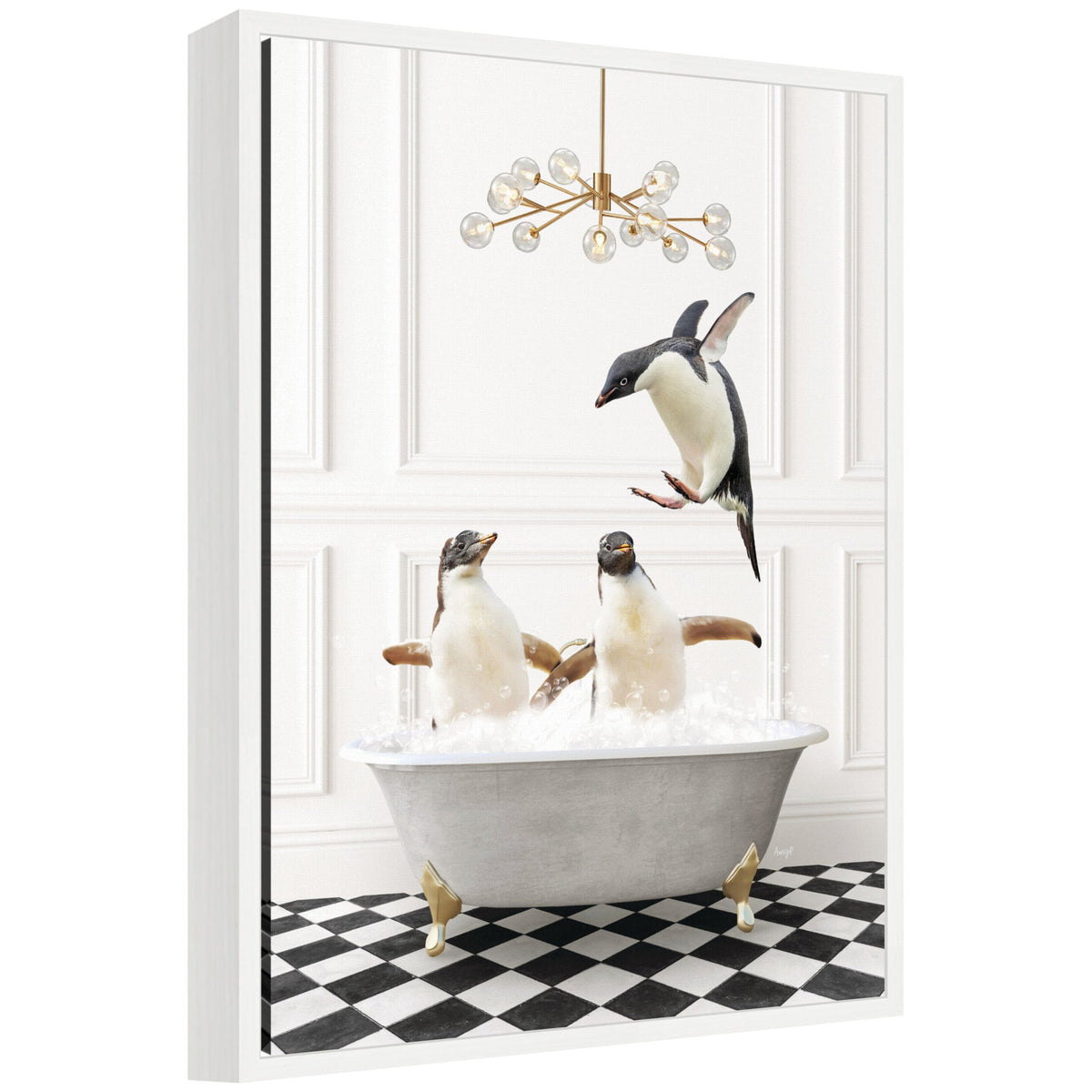 Sylvie Penguins in Lux Bathtub Framed Canvas by Amy Peterson