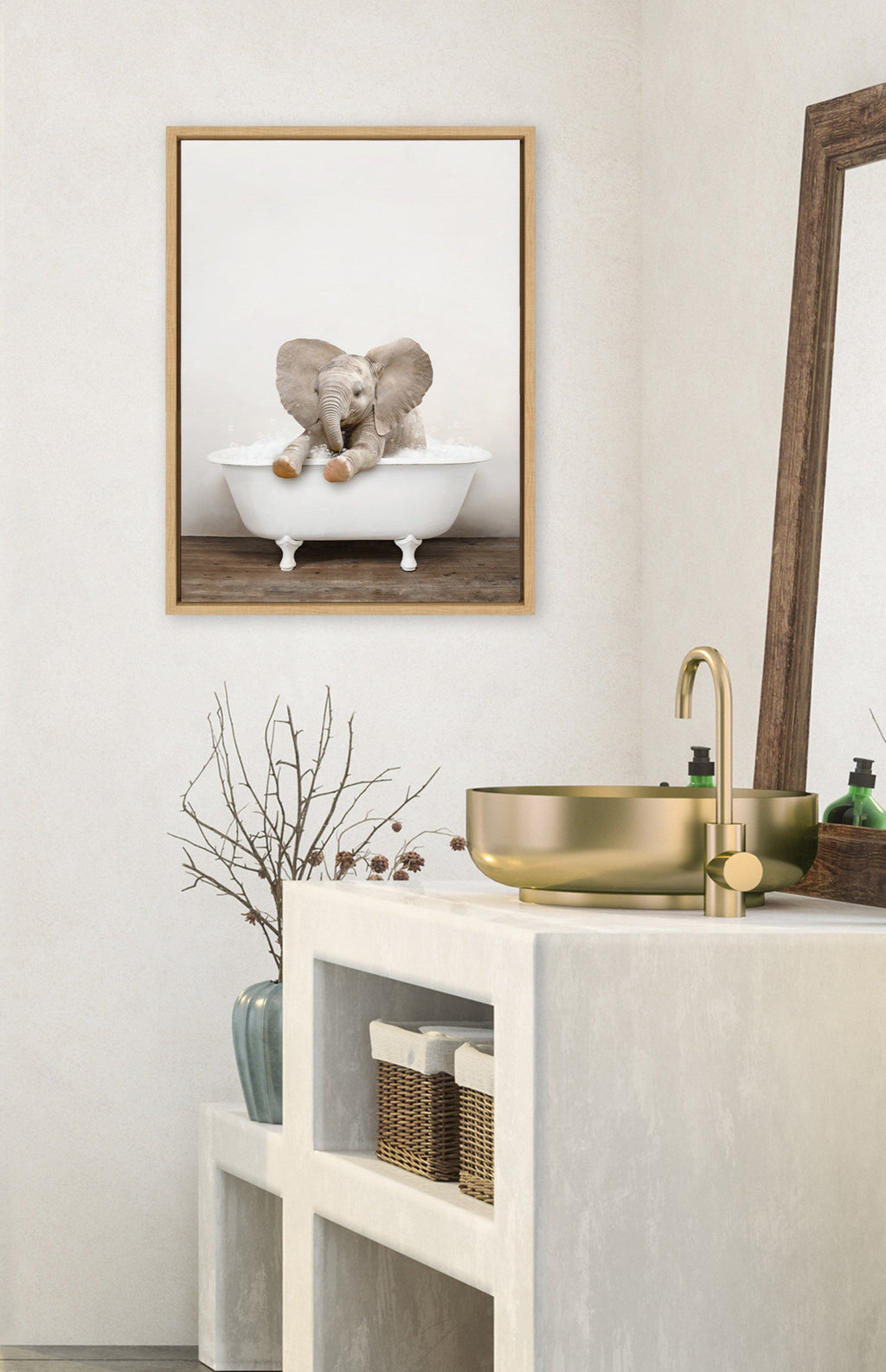 Sylvie Baby Elephant No 6 in Rustic Bath Framed Canvas by Amy Peterson Art Studio
