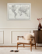 Sylvie Beaded Vintage Black and White World Map Framed Canvas by The Creative Bunch Studio