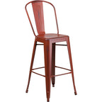 Commercial Grade 30 High Distressed Kelly Red Metal Indoor-Outdoor Barstool with Back