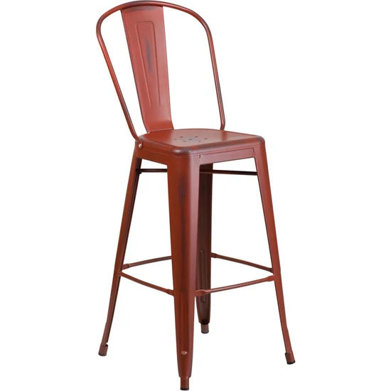 Commercial Grade 30 High Distressed Kelly Red Metal Indoor-Outdoor Barstool with Back